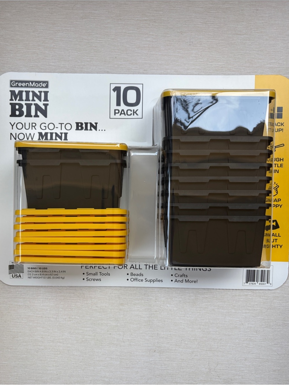 Green Made Mini Storage Bins 10-Pack — Yellow Lids with Black Bin Containers